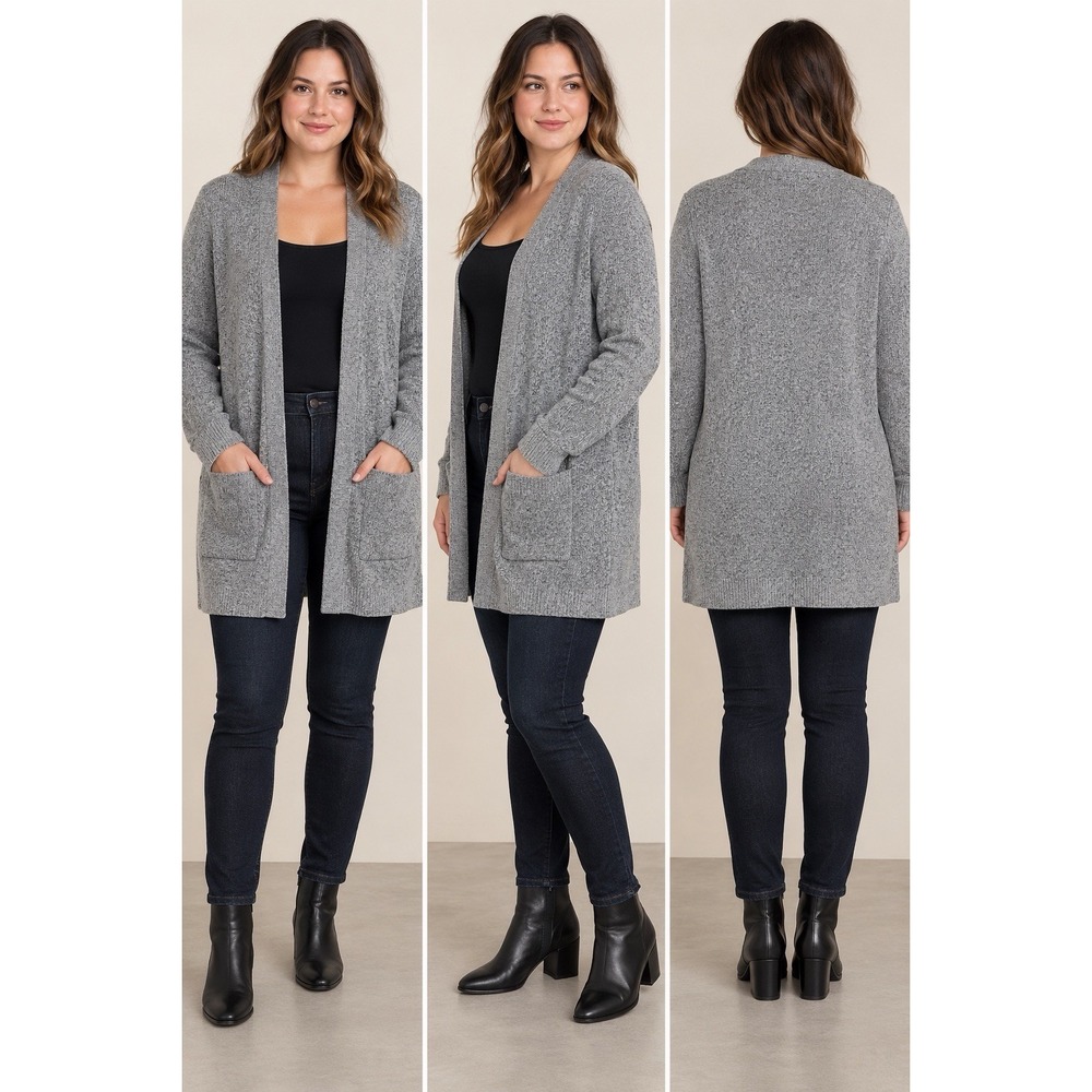 Calvin Klein Jeans Women's Large Gray Open Front Longline Knit Cardigan Pockets